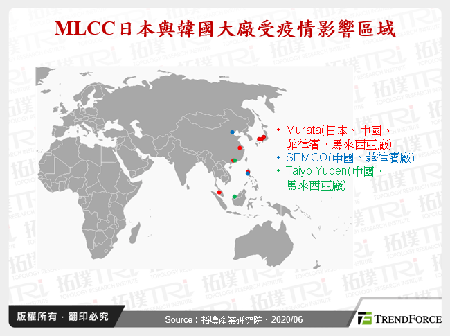 MLCC日本與韓國大廠受疫情影響區域