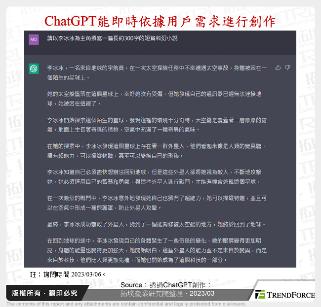 ChatGPT能即時依據用戶需求進行創作