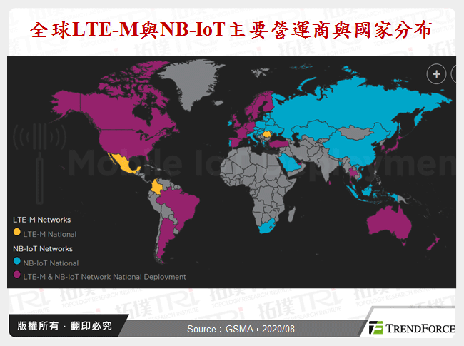 全球LTE-M與NB-IoT主要營運商與國家分布