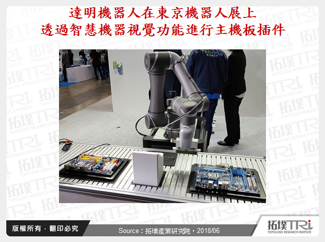 達明機器人在東京機器人展上透過智慧機器視覺功能進行主機板插件