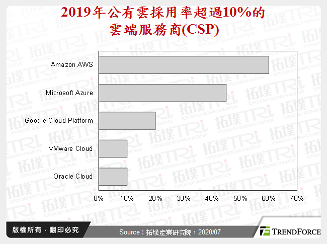 2019年公有雲採用率超過10%的雲端服務商(CSP)