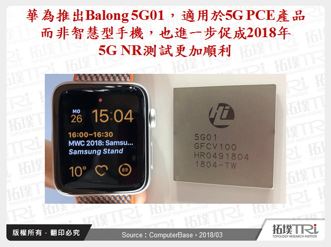 華為推出Balong 5G01，適用於5G PCE產品而非智慧型手機， 也進一步促成2018年5G NR測試更加順利