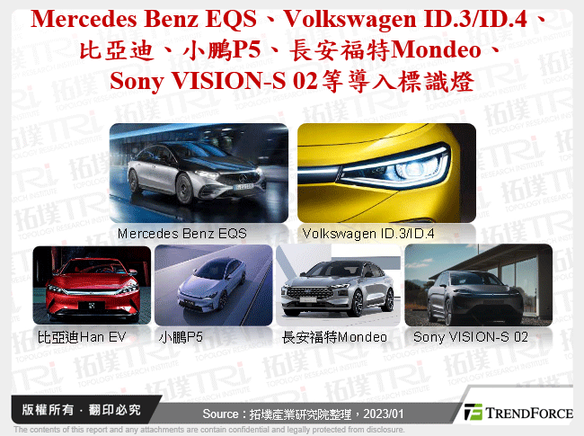 Mercedes Benz EQS、Volkswagen ID.3/ID.4、比亞迪、小鵬P5、長安福特Mondeo、Sony VISION-S 02等導入標識燈