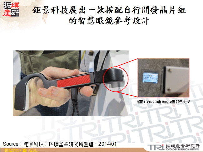 鉅景科技展出一款搭配自行開發晶片組的智慧眼鏡參考設計