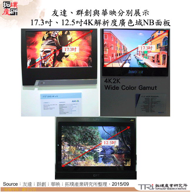 友達、群創與華映分別展示17.3吋、12.5吋4K解析度廣色域NB面板